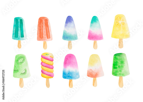 Set of 10 watercolor popsicles. Clip art.