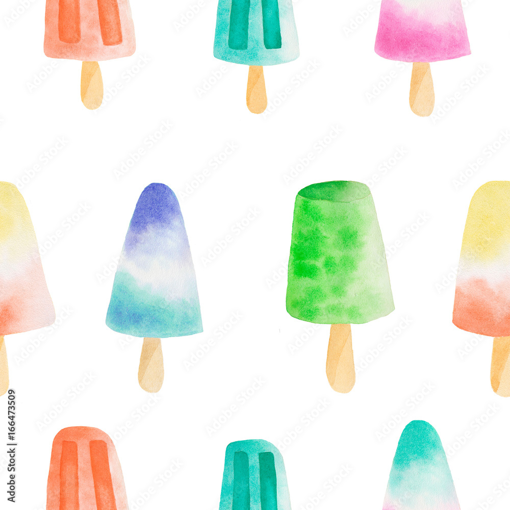 Seamless pattern with watercolor popsicles on white background. Seamless pattern with watercolor popsicles on white background.