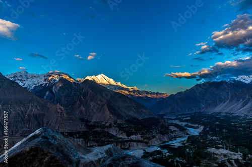 The breathtaking dawn of the Hunza Valley from Duiker hill, Pakistan photo