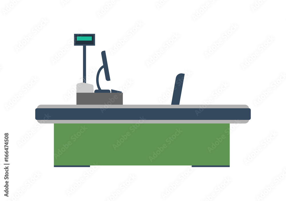Cash desk with computer terminal in supermarket icon. Retail counter isolated vector illustration. Cash desk with computer terminal in supermarket icon. Retail counter isolated vector illustration.