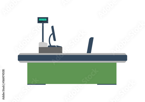 Cash desk with computer terminal in supermarket icon. Retail counter isolated vector illustration.