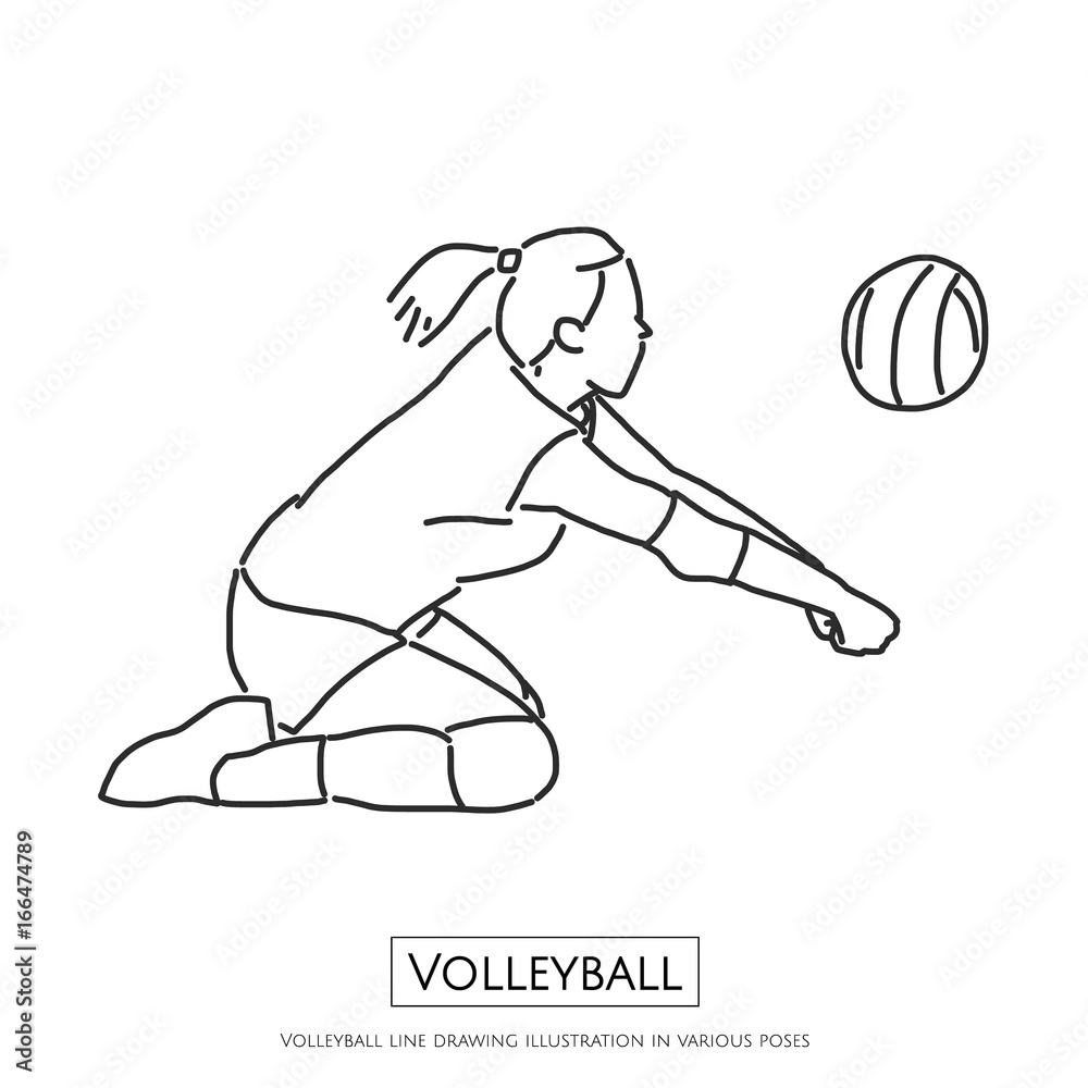 Volleyball line drawing illustration in various poses, line drawing ...