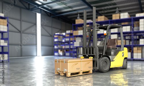 Concept of warehouse The forklift in the big warehouse delivery background 3d illustration © nosorogua