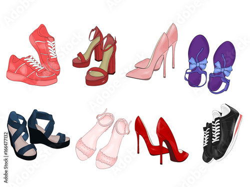 Vector of hand drawn fashion illustration, isolated on white background. A set of shoes: sneakers, shoes and sandals.