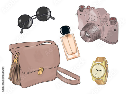 Vector of hand drawn fashion illustration, isolated on white background. A set of summer accessories: handbag, glasses, camera, watch and perfume.