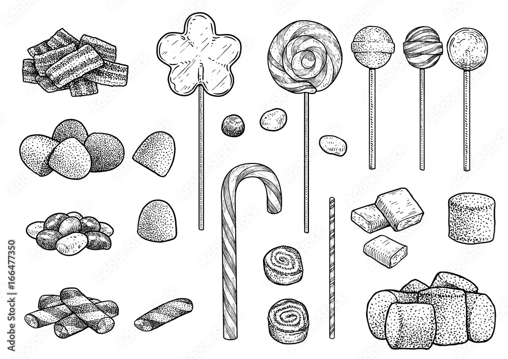 Candy collection illustration, drawing, engraving, ink, line art