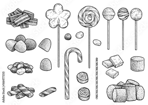 Candy collection illustration, drawing, engraving, ink, line art, vector