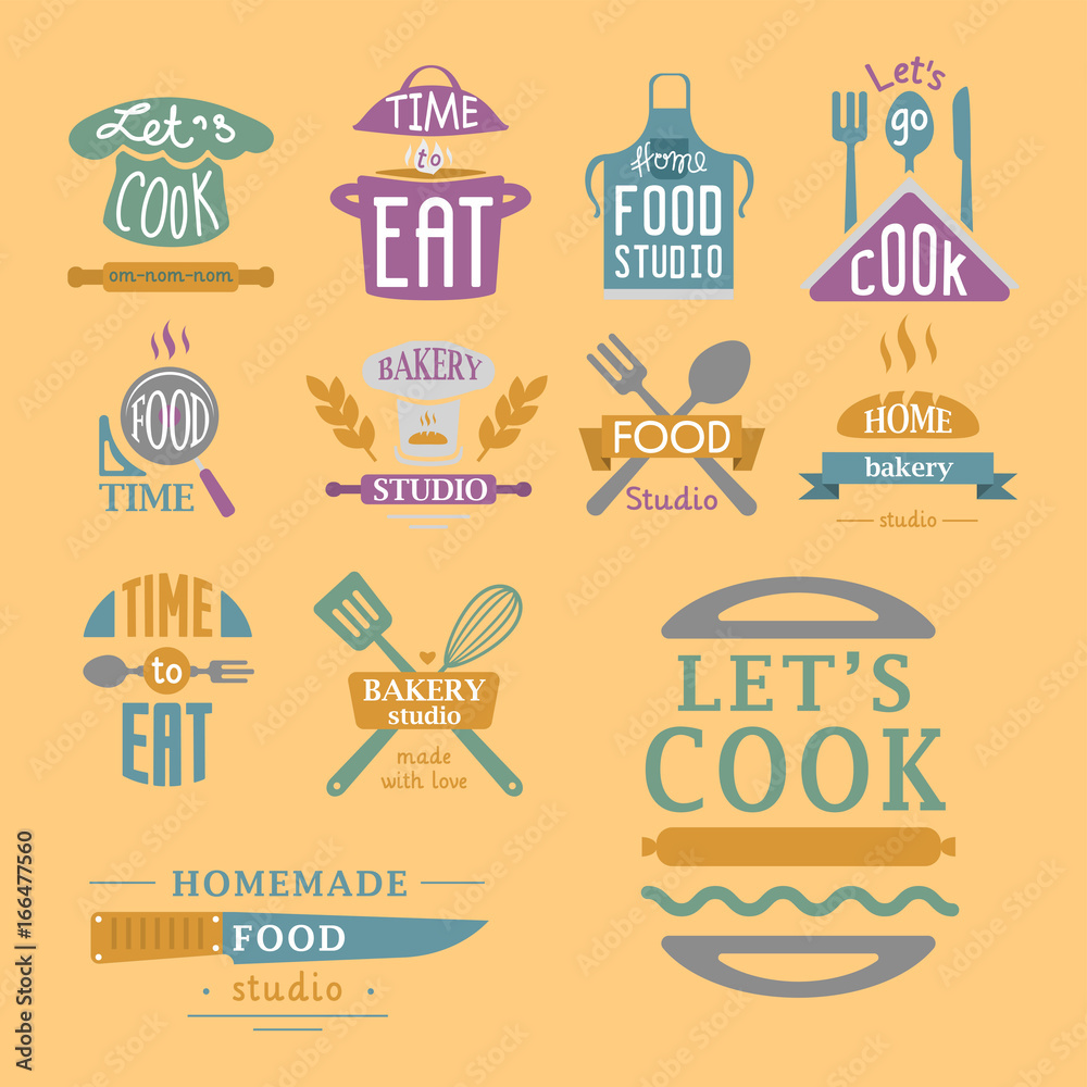 Cooking badge motivation text vector illustration bakery shop food typography labels design elements Cooking badge motivation text vector illustration bakery shop food typography labels design elements