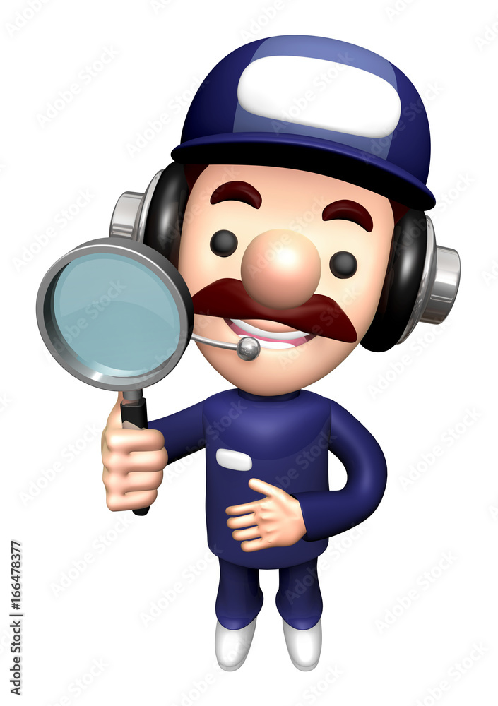 3D Repair Person Mascot is holding a Magnifying Glass. 3D Repair Person Mascot is holding a Magnifying Glass.