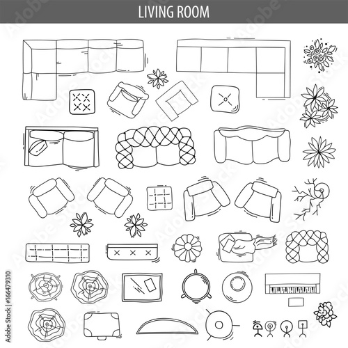 Set of linear icons for Interior top view plans