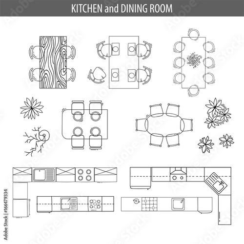 Set of linear icons for Interior top view plans
