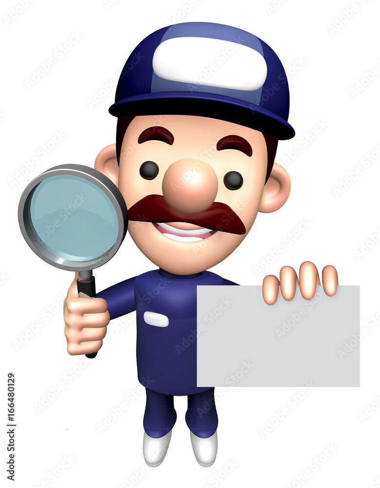 3D Repair Person Character is holding the Magnifier and Business Card. 3D Repair Person Character is holding the Magnifier and Business Card.