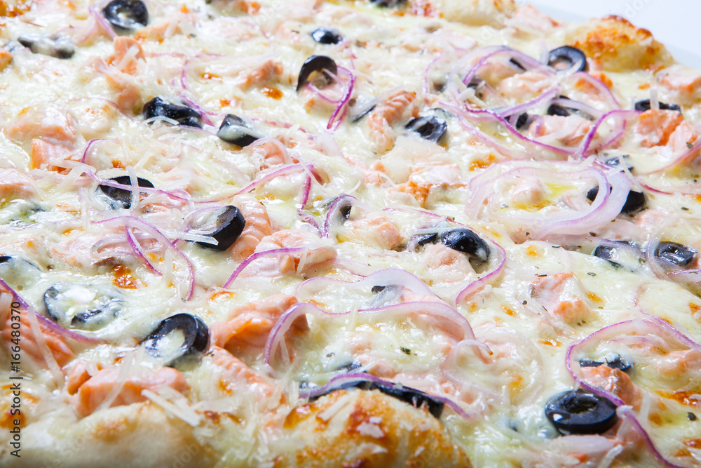 Pizza with cheese and olives and onion rings Pizza with cheese and olives and onion rings