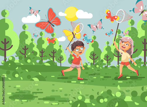 Vector illustration cartoon character two children  young naturalists  biologist boy and girl catch colorful butterflies with nets  scoop-nets  hoop-nets white background in flat style