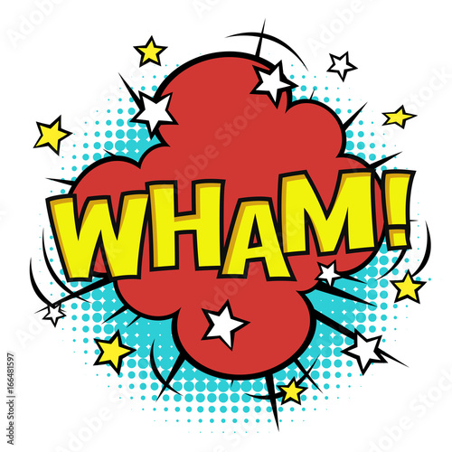 WHAM! phrase in speech bubble. Comic sound. Vector bubble icon speech phrase. Comics book balloon. Halftone background.