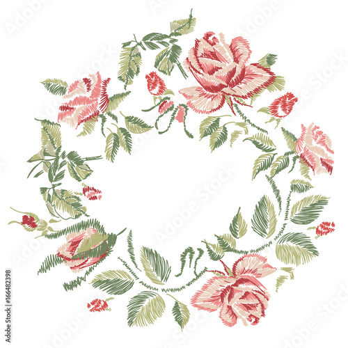 Red pink Roses Ebroidery design with Place for text on white. EPS Vector illustration