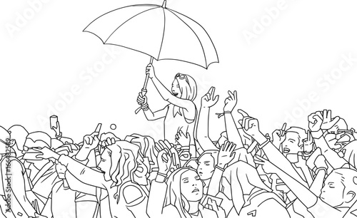 Illustration of festival crowd partying in the rain with raised hands and umbrella