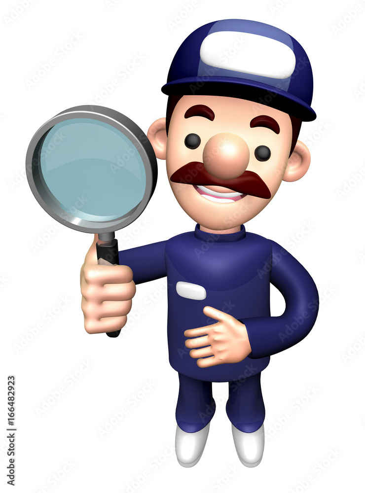 3D Repair Person Character is holding a Magnifying Glass. 3D Repair Person Character is holding a Magnifying Glass.