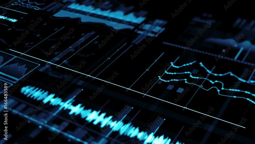 3d render abstract technology background with depth of field. Abstract detailed elements. Data analyzing graphs.