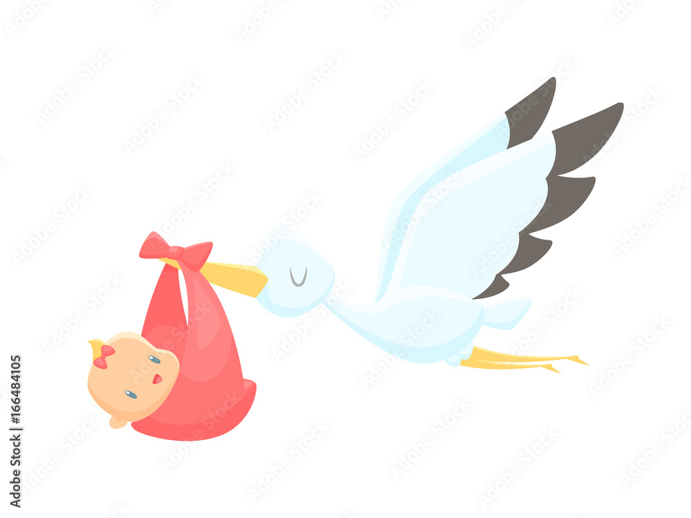 Cartoon Stork Carrying Baby Girl Vector Illustration Stock Vector