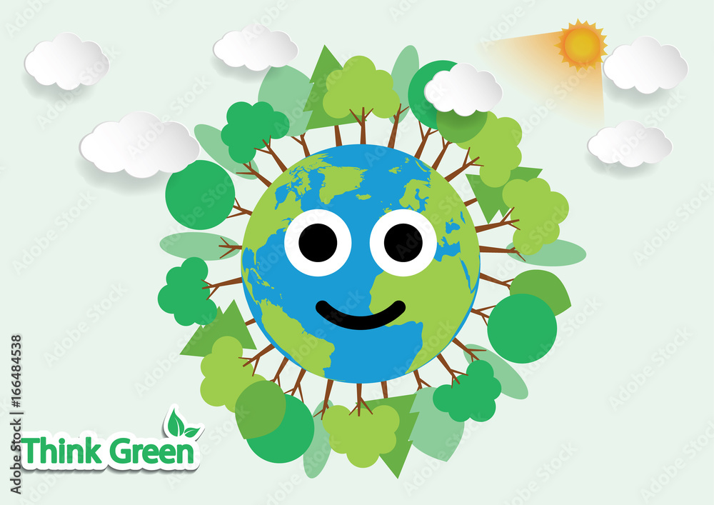 Vector illustration green earth of a cartoon design earth planet globe with environment elements around tree.