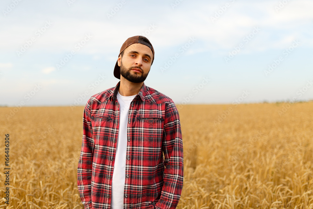 Portrait of a bearded farmer standing in a wheat field. Stilish hipster man with trucker hat and checkered shirt on. Agricultural worker