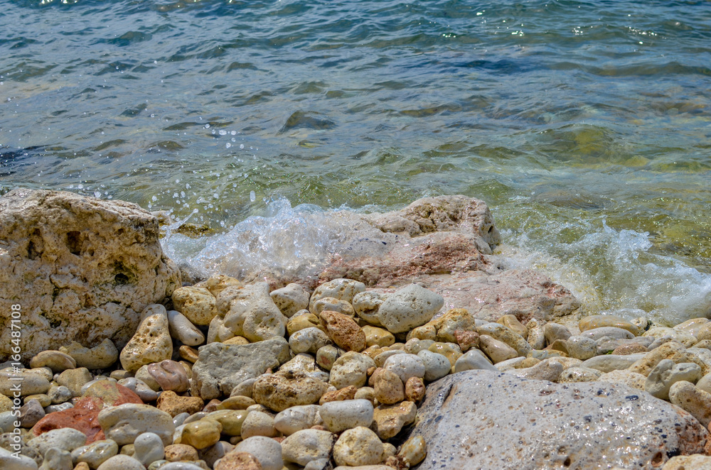 Steep, sharp, stone beaches on the Black Sea coast, in the vicinity of the city of Sevastopol of the Republic of Crimea, 2017