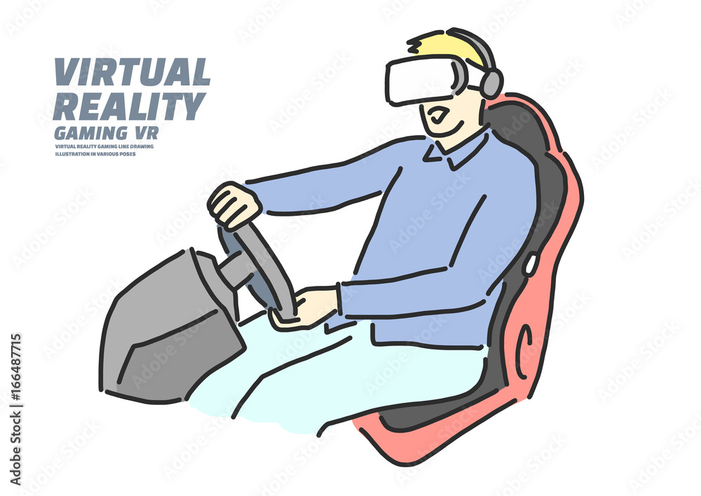 Virtual Reality gaming VR Game Racing, line drawing illustration in various poses, line drawing vector illustration graphic design