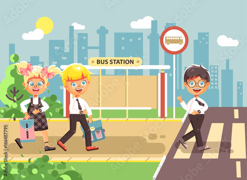 Vector illustration cartoon characters children, observance traffic rules, boys and girl schoolchildren classmates go to road pedestrian crossing, bus stop background, back to school flat style