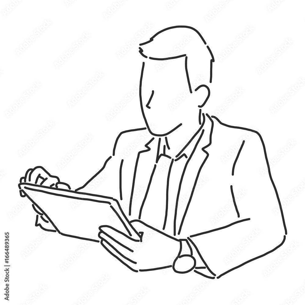 Businessman with a tablet, checking email and searching on the internet. line drawing vector illustration graphic design Businessman with a tablet, checking email and searching on the internet. line drawing vector illustration graphic design