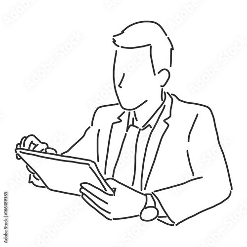 Businessman with a tablet  checking email and searching on the internet. line drawing vector illustration graphic design