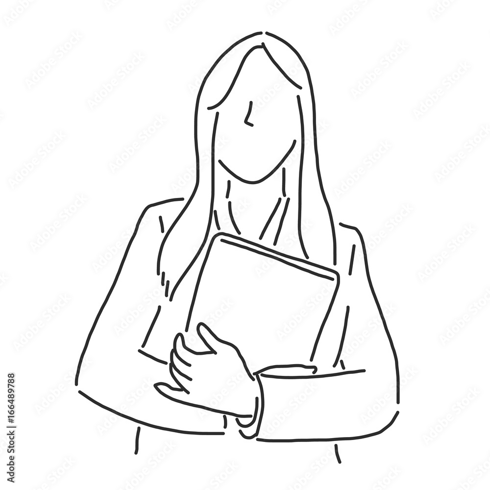 Businesswoman is standing and carrying a tablet, line drawing vector illustration graphic design Businesswoman is standing and carrying a tablet, line drawing vector illustration graphic design