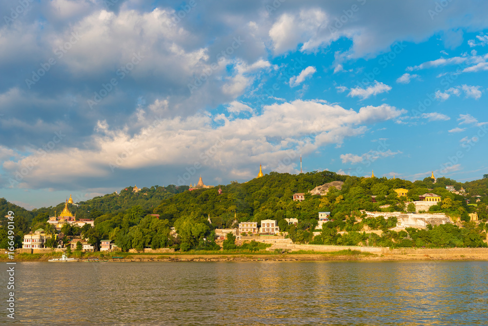 Sagaing city, Irrawaddy river, Mandalay, Myanmar, Burma. Copy space for text.