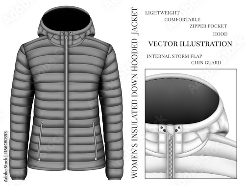 Women's black hooded insulated down jacket. Vector illustration.