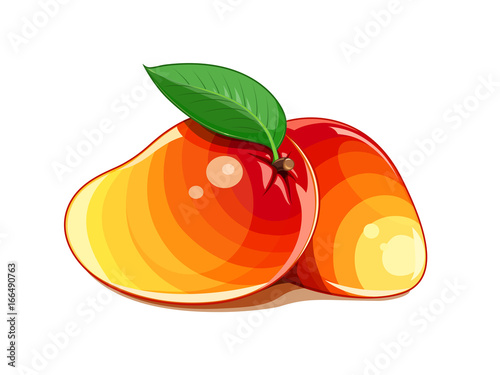Mango. Two Ripe juicy tropical fruit with green leaf. Natural