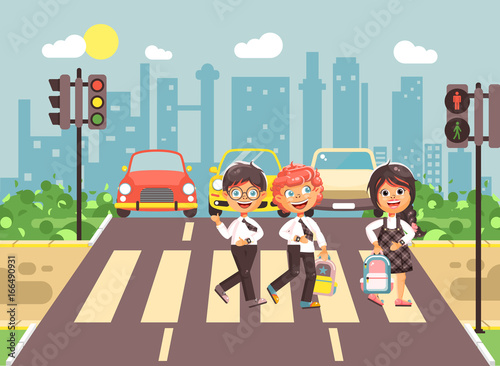 Vector illustration cartoon characters children, observance traffic rules, boys and girls schoolchildren classmates go to road pedestrian zone crossing, city background back to school flat style