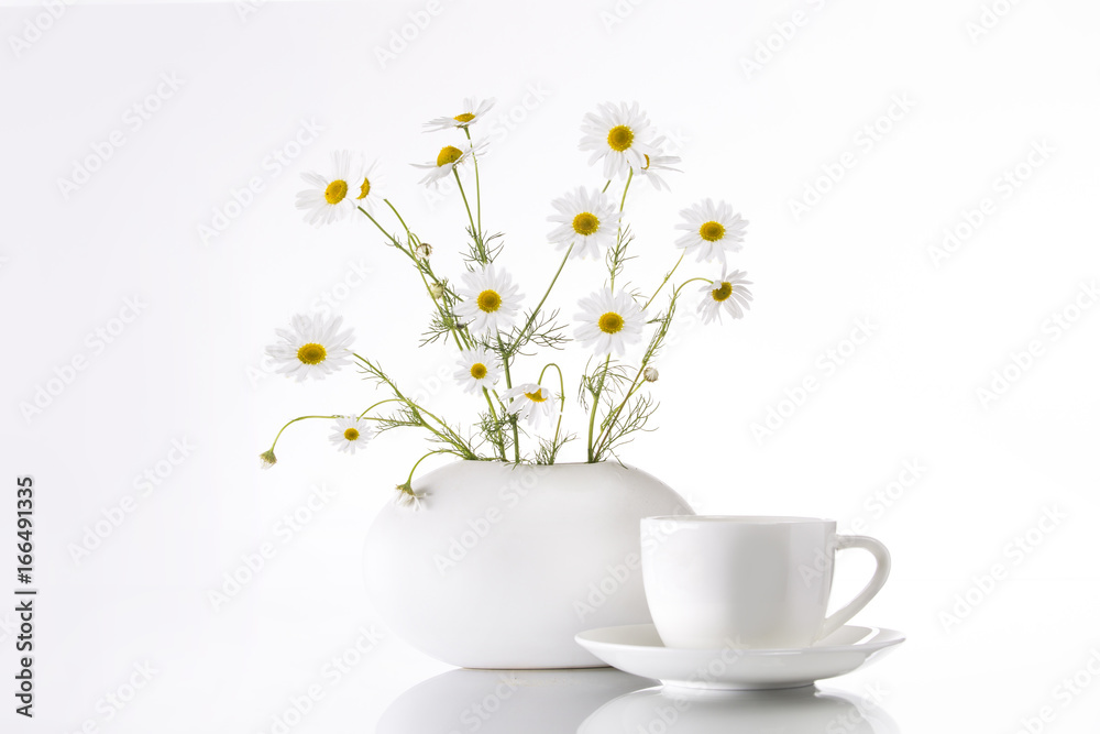 Bouquet of chamomiles flowers in a white vase and a cup on a white background Bouquet of chamomiles flowers in a white vase and a cup on a white background