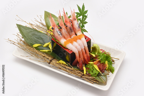 Botan Ebi Sashimi in square plate on white background