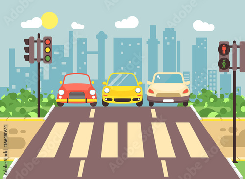 Vector illustration of roadside cartoon landscape with roadway, road, sidewalk and empty pedestrian zone with cars crossing flat style city background element for motion design, banner, web site