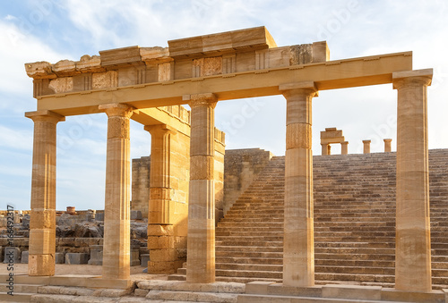 Colonnade with portico main temple of Lindos Rhodes island, Greece