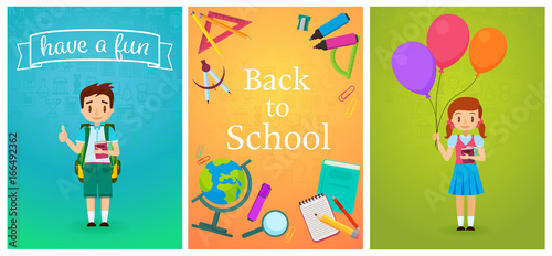 Welcome back to school. Cute school pupils kids templates and baners. Pupil Boy with backpack and girl with ballons. School study equipment cartoon vector illustration.