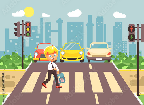 Vector illustration cartoon character child, observance traffic rules, lonely blonde boy schoolchild schoolboy go to road pedestrian zone crossing, city background back to school flat style