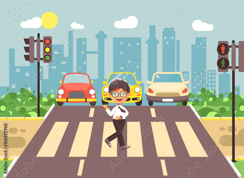 Vector illustration cartoon character child, observance traffic rules, lonely brunette boy schoolchild schoolboy go to road pedestrian zone crossing, city background back to school flat style