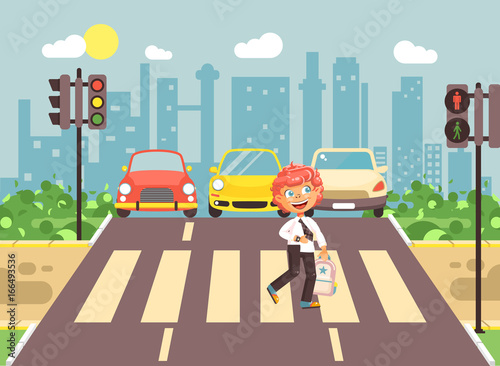 Vector illustration cartoon character child, observance traffic rules, lonely redhead boy schoolchild schoolboy go to road pedestrian zone crossing, city background back to school flat style