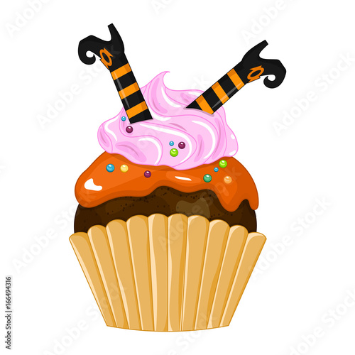 Vector illustration of a Halloween purple cupcake isolated white background. Happy Halloween scary sweets. Sweet boots witch.