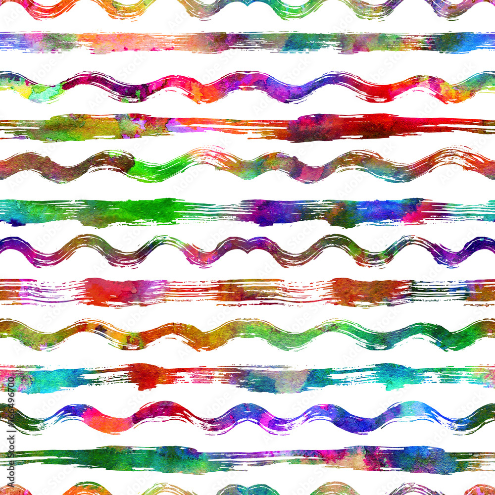 seamless pattern with brush stripes and waves. Rainbow color on white background. Hand painted grange texture. Ink geometric elements. Fashion modern style. Endless fabric print Retro. Teen and school