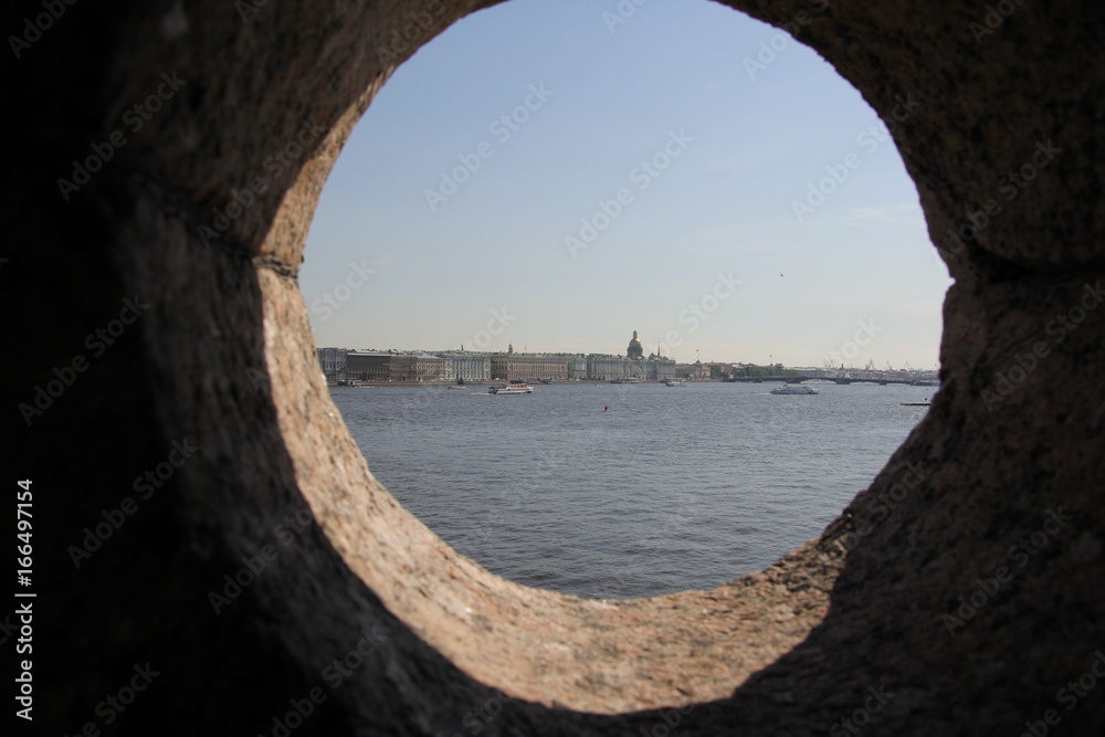 View of the Palace embankment across the battlements of the fortress. Saint Petersburg