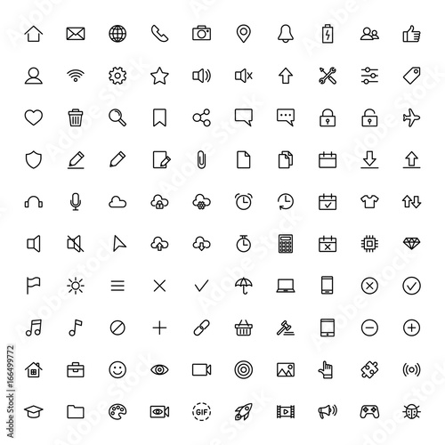 user interface symbols, thin line 100 icons set