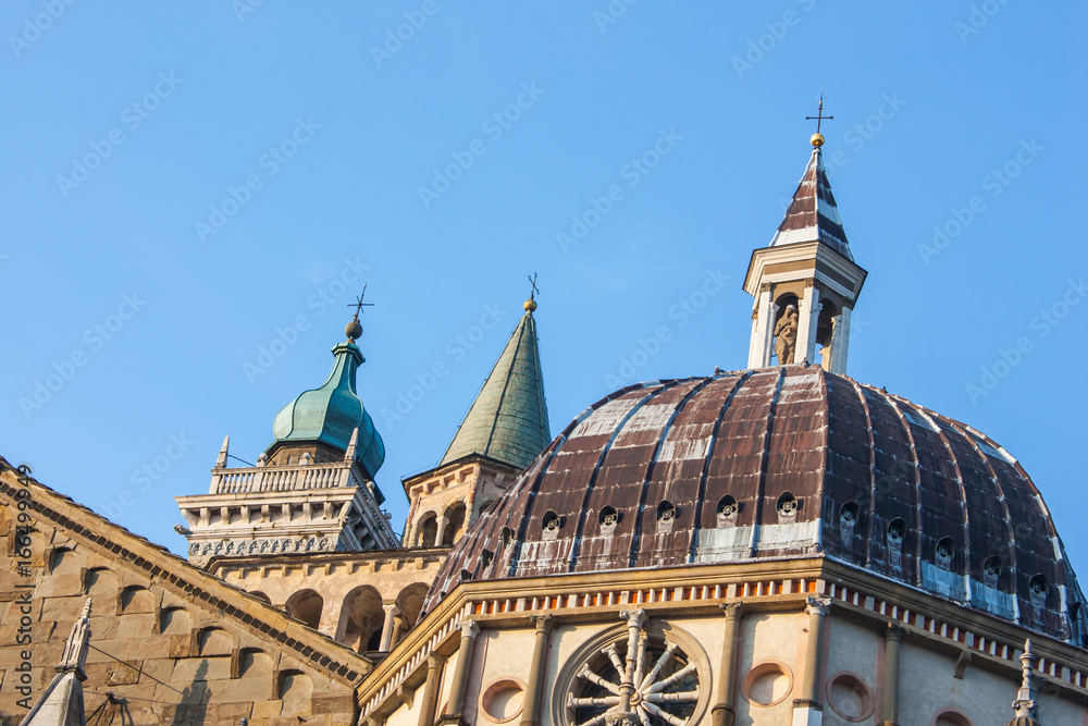 Bergamo, Old city (Città Alta). Drone aerial view of domes and summits of church bells