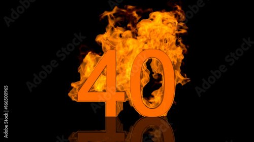 Flaming Number Forty Centred on Black Background with Reflection as 3D rendering